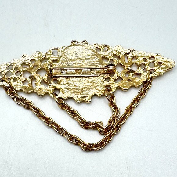 Vtg Gold Tone Filigree Brooch Colorful Mosaic Center & Dangling Chain Accents - Picture 4 of 9